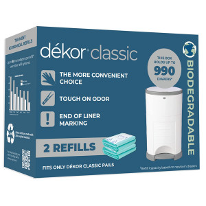 Dekor Classic Diaper Pail Biodegradable Refills | 2 Count | Most Economical Refill System | Quick and Simple to Replace | No Preset Bag Size  Use Only What You Need | Exclusive End-of-Liner Marking