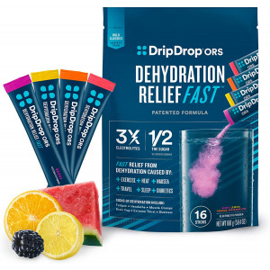 DripDrop ORS  Patented Electrolyte Powder for Dehydration Relief Fast - For Workout, Hangover, Illness, Sweating and Travel Recovery - Bold Classics- Watermelon, Berry, Lemon, Orange Variety Pack - 16 x 5.64oz Servings