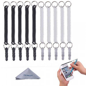 Stylus Tether, Wisdompro 10pcs Pack of Detachable Elastic Coil Tether Strings / Lanyards with 3.5mm earphone jack for Stylus Pens - Black / Clear