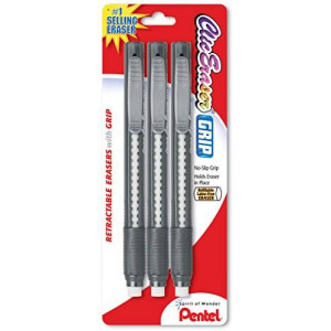 Pentel Clic Eraser Grip Retractable Eraser, Assorted Colors, 1 Pack of 3 (ZE21BP3-K6)