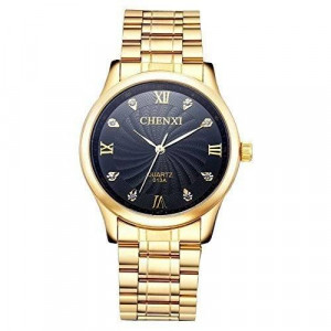 Fq-003 IP Gold plating Steel Roman Numeral Dail With Rhinestones Mens Wrist Watches For Man Black