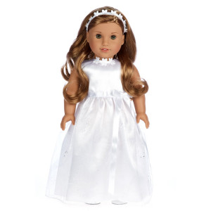 My First Communion - White Satin Communion / Wedding Dress with Matching Headband and White Leather Dress Shoes - 18 inch Doll Clothes (doll not included)