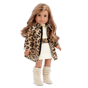 DreamWorld Collections Fashion Girl - 3 piece outfit - Cheetah Coat, Ivory Dress and Ivory Boots - 18 Inch Doll Clothes (doll not included)