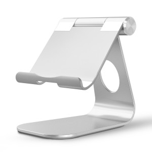 OMOTON Tablet Stand, Adjustable Multi-Angle Aluminum iPad Stand, with Stable Sticky Base and Convenient Charging Port, Fits All Smart Phones, E-readers and Tablets (Up to 12.9 inch), Silver