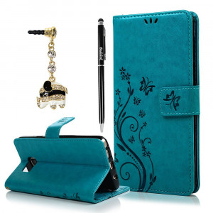 Note 5 Case, Samsung Galaxy Note 5 Case - Badalink Fashion Wallet Purse PU Leather Embossed Flowers Butterfly [Card Holders] Flip Cover with Hand Strap and 3D Cute Elephant Dust Plug and Stylus Pen - Blue