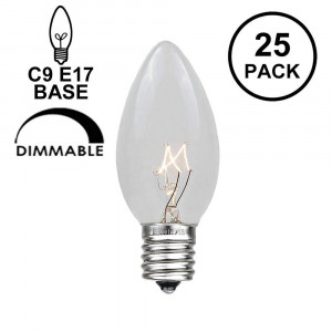 Novelty Lights 25 Pack C9 Outdoor Christmas Replacement Bulbs, Clear, E17/C9 Base, 7 Watt