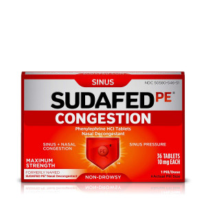 Sudafed PE Congestion and Sinus Pressure Relief, Maximum Strength Nasal Decongestant, 36 ct