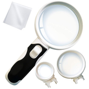 LED Illuminated Magnifying Glass Set. Best Magnifier With Lights for Seniors, Macular Degeneration, Maps, Jewelry, Coins, Watch and Computer Repair, Hobbies, Stamps (3-Lens (2.5X + 5X + 16X))