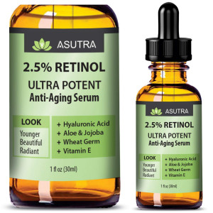 Asutra, Anti-Aging Serum, 2.5% Retinol, Ultra Potent and Effective Skin-Enhancing, Hyaluronic Acid, Vitamin E, Wheat Germ, Aloe, and Jojoba, Two Bottle Value Pack, Two 1 Oz. Bottles