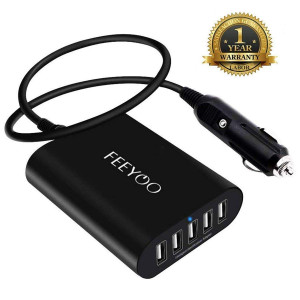 FEEYOO USB Car Charger, 45W 9A 5-Port Car Charging Hub Station with Smart Identification + Built-in Fuse+Multi-Protection for iPhone, iPad Air/Mini, Samsung Galaxy S6 and more-Black