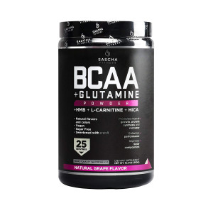 Sascha Fitness BCAA 4:1:1 + Glutamine, HMB, L-Carnitine, HICA | Powerful and Instant Powder Blend with Branched Chain Amino Acids (BCAAs) for Pre, Intra and Post-Workout | Natural Grape Flavor, 350g