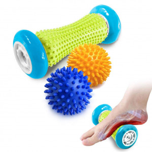 Pasnity Foot Massage Roller Spiky Ball Foot Pain Relief Massager Relieve Plantar Fasciitis and Heel Foot Arch Pain and Relax Shoulder Foot Back Leg Hand, Included 1 Roller and 2 Spiky Balls (Light Blue)