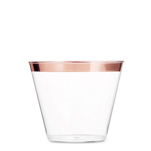 100 Rose Gold Plastic Cups ~ 9 Oz Clear Plastic Cups Old Fashioned Tumblers ~ Rose Gold Rimmed Cups Fancy Disposable Wedding Cups ~ Elegant Party Cups with Rose Gold Rim