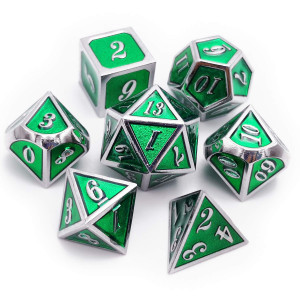 Haxtec 7PCS Green Metal Dice Set DandD Dice Enamel Polyhedral Dice Set D20 D12 D10 D8 D4 for Dungeons and Dragons DND RPG MTG Table Games (Emerald Green)