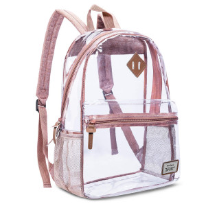Clear Backpack Transparent School Bag PVC Casual Daypack Travel Lightweight Bookbag See-Through Rucksack for Students/Boys / Girls (Rose Gold)