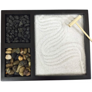 Deluxe Wooden Zen Sand Garden with 2 Types of Rocks, Sand, and Rake