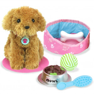 Sophia's 18" Doll Sized Puppy with Bed, Food, Bone and Accessories, Gold, Pink