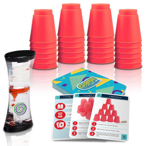 Gamie Stacking Cups Game w/ 18 Fun Challenges and Water Timer, 24 Stacking Cups, Sturdy Plastic, Classic Quick Stacking Cup Game for Kids, Amazing Family Time (Red)