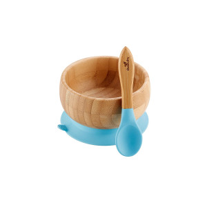 Avanchy Baby Toddler Infant Feeding Bowls | Stay Put Natural Bamboo Suction Bowl + Soft Tip Silicone Spoon Set | BPA Free | Great Kids Food Gift Pack (Blue)
