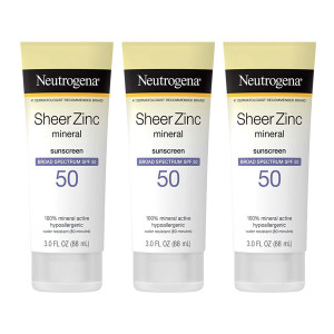 Neutrogena Sheer Zinc Oxide Dry-Touch Sunscreen Lotion with Broad Spectrum SPF 50 UVA/UVB Protection, Water-Resistant, Hypoallergenic and Non-Greasy Mineral Sunscreen, Paraben-Free, 3 fl. oz (Pack of 3)