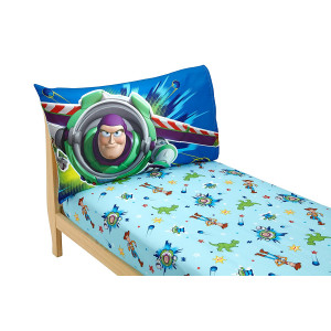 Disney Toy Story Power Up 2 Pack Fitted Sheet and Pillowcase Toddler Sheet Set, Blue/Green