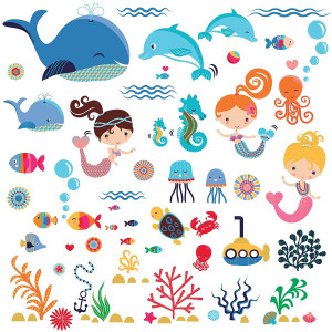 Playful Mermaids Decorative Peel and Stick Wall Art Sticker Decals for Kids Room Girls Room Nursery