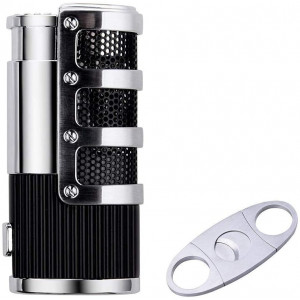 Cigar Cutter and Lighter Set, Cigar Punch Lighter Triple Jet Flame Butane Cigarette Torch Lighter (Black)