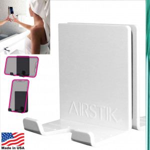 AIRSTIK Cradle for Any Phone Tablet Pad Holder Selfie Caddy Mount Shelf Bathroom Shower Glass Mirror Window Wall Universal Reusable Waterproof TikTok compatible with iPhone or iPad Made in USA (White)