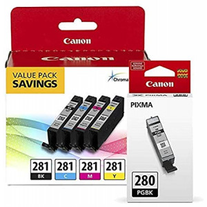 Canon CLI-281 BKCMY 4-Color Ink Tank Value Pack (2091C005) + Canon PGI-280 Pigment Black Ink Tank (2075C001)