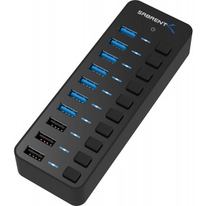 Sabrent 60W 10-Port USB 3.0 Hub Includes 3 Smart Charging Ports with Individual Power Switches and LEDs + 60W 12V/5A Power Adapter (HB-B7C3)