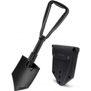 TAC9ER Collapsible E-Tool Shovel 23" - Portable, Metal, Folding, Tactical Military Shovel with Serrated Steel Blade and Carrying Case for Camping, Backpacking, Gardening, and Survival
