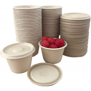 4 Ounce Souffle Cups and Lids - 100% Biodegradable and Compostable - Bagasse/Wheat Fiber - 50 Pack Outside the Box Papers Brand