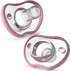 Nanobebe Pacifiers 0-3 Month - Orthodontic, Curves Comfortably with Face Contour, Award Winning for Breastfeeding Babies, 100% Silicon - BPA Free. Perfect Baby Registry Gift 2pk,Pink