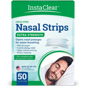 Instaclear Extra-Strength Nasal Breathing Strips Clear 50 ct | Works Instantly, Nasal Congestion Relief, Stops Snoring, Cold and Allergy