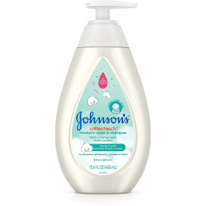 Johnson's CottonTouch Newborn Baby Wash and Shampoo with No More Tears, Hypoallergenic and Paraben-Free Moisturization for Sensitive Skin, Made with Real Cotton, 13.6 fl. oz