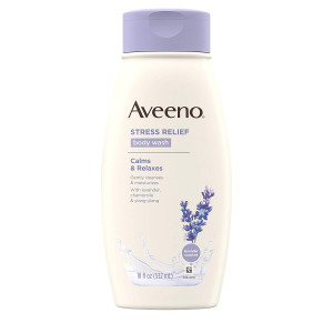 Aveeno Stress Relief Body Wash with Soothing Oat, Lavender, Chamomile and Ylang-Ylang Essential Oils, Dye- and Soap-Free Calming Body Wash for Shower Gentle on Sensitive Skin, 18 fl. oz