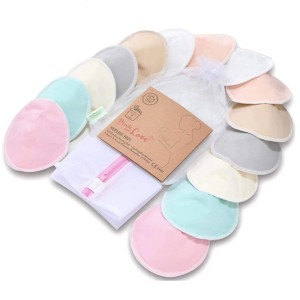 Organic Bamboo Nursing Breast Pads - 14 Washable Pads + Wash Bag - Breastfeeding Nipple Pad for Maternity - Reusable Nipplecovers for Breast Feeding (Pastel Touch, Large 4.8")