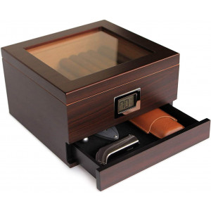 Glass Top Handcrafted Cedar Humidor with Front Digital Hygrometer, Humidifier Gel, and Accessory Drawer - Holds (25-50 Cigars) by Case Elegance