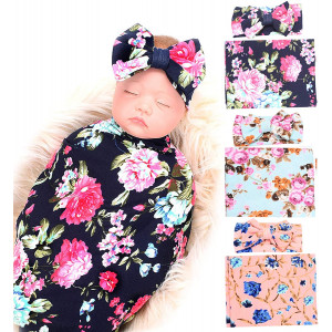 3 Pack Receiving Blanket with Headbands BQUBO Newborn Baby Floral PrintedBaby Shower Swaddle Gift