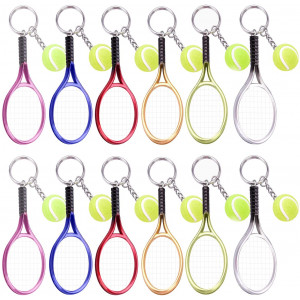 Ancefine 12 Pieces Tennis Racket Keychain Key Ring Metal Tennis Ball Split Ring,6 Color