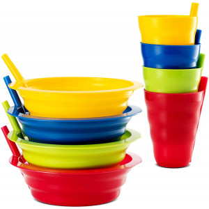 Plaskidy Cereal Bowls with Straws and Kids Straw Cups - Set of 4 Bowls with Straws for Kids, and 4 Straw Cups for Kids BPA Free Dishwasher Safe Great for Kids and Toddlers