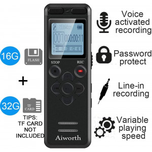 16GB Digital Voice Activated Recorder for Lectures - aiworth 1160 Hours Sound Audio Recorder Dictaphone Voice Activated Recorder Recording Device with Playback,MP3 Player,Password,Variable Speed