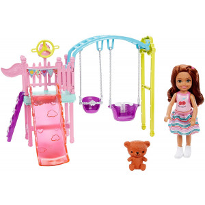 Barbie Club Chelsea Doll and Swing Set Playset with 2 Swings and Slide, Plus Teddy Bear Figure, Gift for 3 to 7 Year Olds