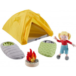 HABA Little Friends Camping Play Set - Includes Tent, 2 Reversible Sleeping Bags, Campfire and 4" Little Friends Bendy Girl Doll