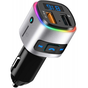(Upgraded Version) FM Transmitter Bluetooth 5.0, SONRU Car Radio Bluetooth Adapter Music Player Kit, QC3.0 Charging, Handsfree Call, Siri Google Assistant, Voltmeter, SD Card, U Disk, 7 Color Lights