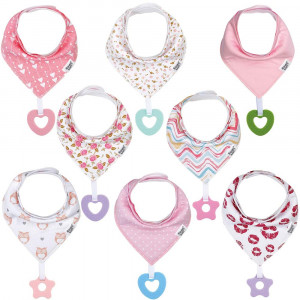 Baby Bandana Drool Teething Bibs for Girl - Super Absorbent Organic Cotton Bibs with Teethers for Girls,Teething Toy Bibs Set Adjustable Snap Baby Shower Gift (8 Pack -2)