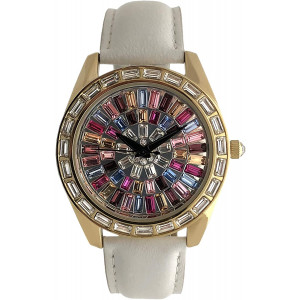 Peugeot Women Kaleidoscope Watch with Crystal Bezel and Leather Strap Band