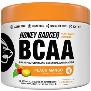 Honey Badger Vegan Keto BCAA + EAA Electrolyte Powder | Peach Mango | Natural Gluten Free Amino Acids Essential Aminos Sugar Free + Sucralose Free | 30 Servings