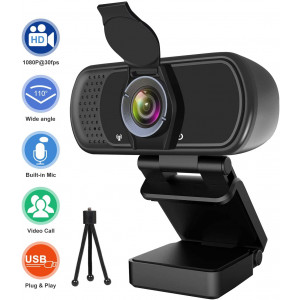 Webcam with Microphone, Hrayzan 1080P HD Webcam with Privacy Cover and Tripod, Streaming Computer Web Camera with 110-Degree Wide View Angle, USB PC Webcam for Video Calling Recording Conferencing