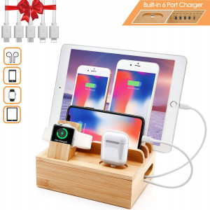 Bamboo Charger Station for Multiple Devices Sendowtek 6 in 1 USB Charging Station with 5-Port for Cell Phone Tablet Electronic, Watch Stand Earbuds Docking Station Organizer-5 Mixed Cables Included